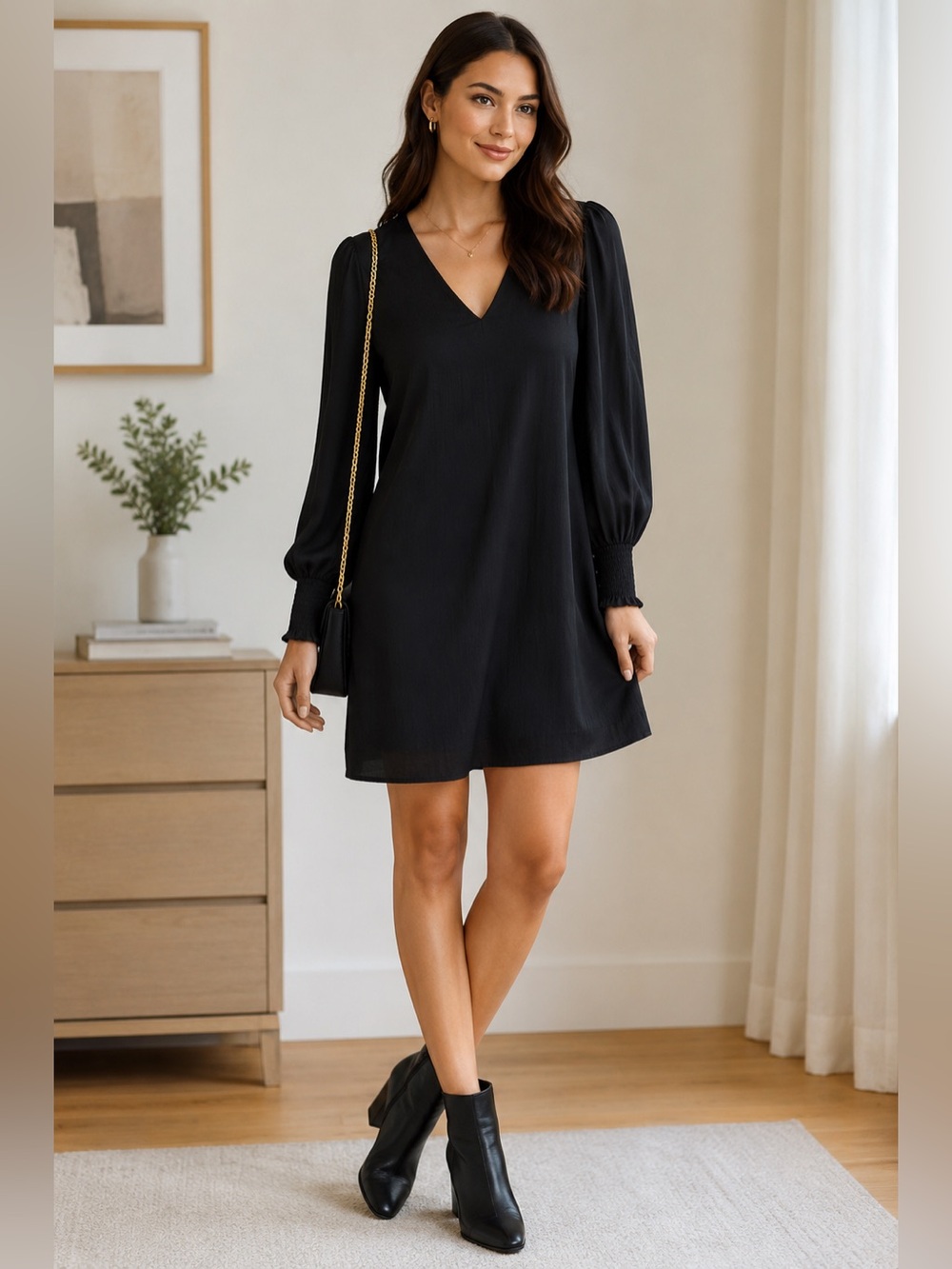 B.B. Dakota by Steve Madden Black V-Neck Puff Sleeve Mini Dress Sz S